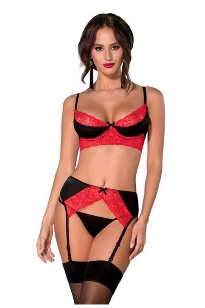 3-teiliges Dessous Set in schwarz-rot