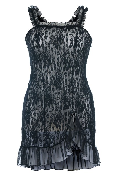 Andalea Plus Size Chemise SB/1009 | Schwarzes Spitzen-Negligé mit Strumpfband