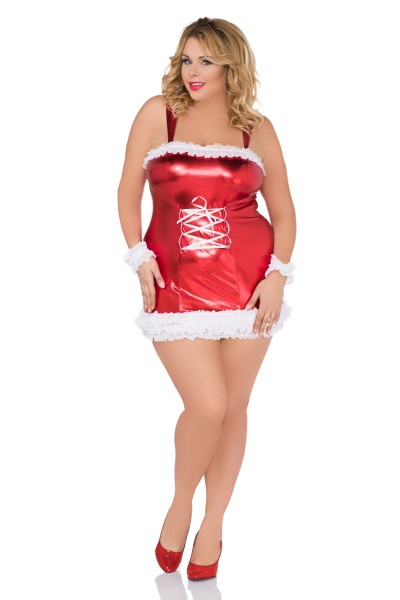 Andalea Plus-Size Weihnachts-Chemise – Rotes Wetlook-Minikleid mit Tüll-Volants & Stulpen