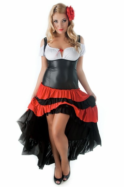 Andalea Plus-Size Wetlook-Kleid SW/101 | Asymmetrisches Carmen-Kleid Schwarz/Rot/Weiß