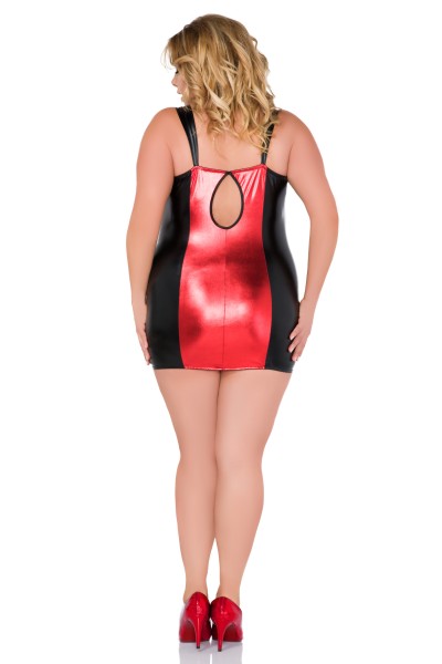 Andalea Wetlook Chemise – Reißverschluss-Minikleid Schwarz/Rot (Große Größen)
