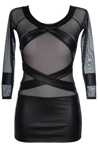 Erotische Wetlook Mini Kleid schwarz mit Tüll