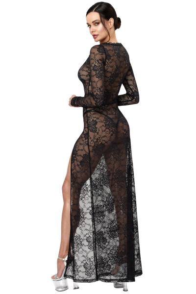 Noir Handmade F405 Langes Spitzenkleid Schwarz mit tiefem Ausschnitt & Beinschlitz