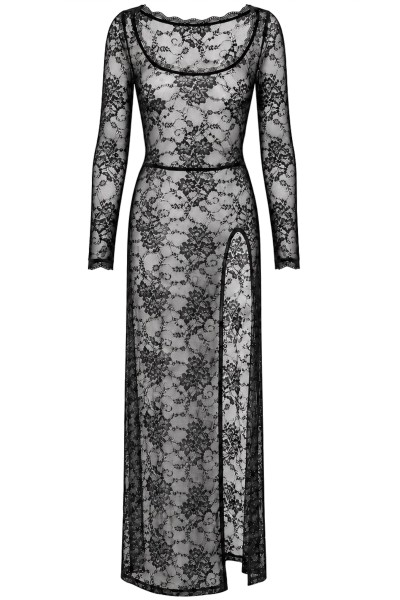 Noir Handmade F405 Langes Spitzenkleid Schwarz mit tiefem Ausschnitt & Beinschlitz