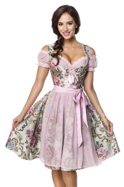 Premium Brokat-Dirndl mit Bluse rosa gemustert