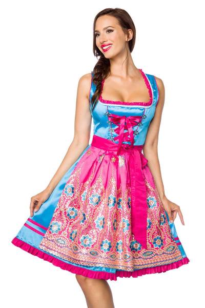 Premium Dirndl mit Handstickereien in blau/pink