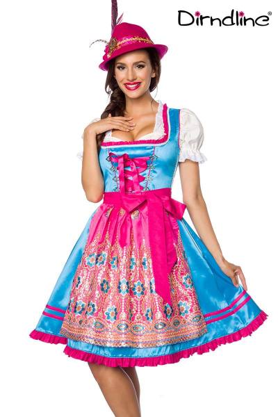 Premium Dirndl mit Handstickereien in blau/pink