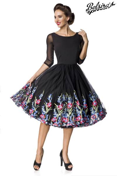 Premium Swing-Kleid mit besticktes Rockteil