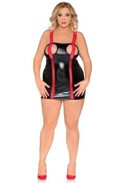Reizvolles Wetlook-Chemise SB1016 mit rotem Netz-Einsatz – Plus Size Negligé