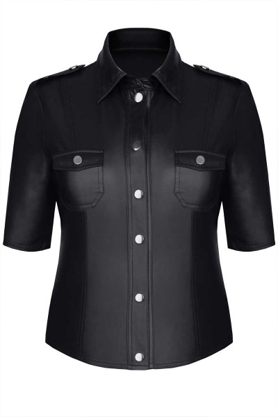 Schwarze Wetlook Hemd mit Knopfleiste