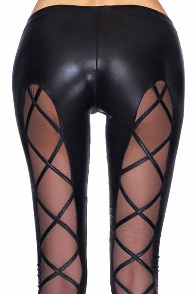 schwarze Wetlook Leggings mit Tüll