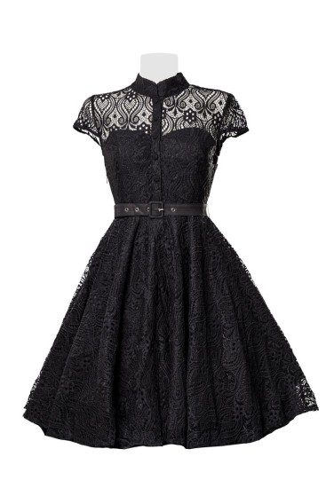 Schwarzes Spitzen-Kleid mit ausgestelltem Rock