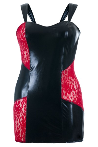 Sexy Wetlook & Spitzen Chemise in Schwarz/Rot – Plus Size Minikleid SB/1006