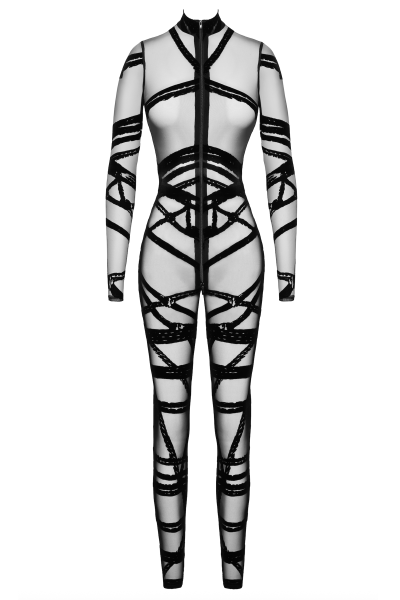 Tüll Catsuit im Bondage-Stil schwarz