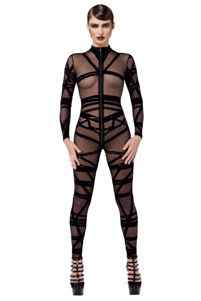 Tüll Catsuit im Bondage-Stil schwarz