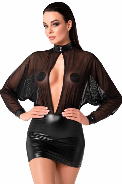 Tüll-Minikleid mit Wetlook schwarz