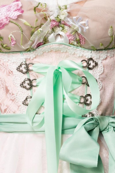 türkis/rosa Unterbrustdirndl mit Netz-Bluse