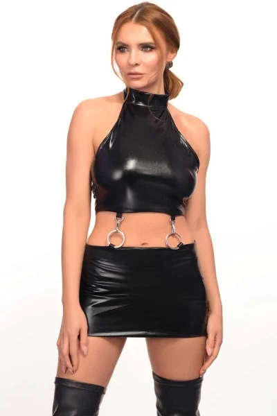 Wetlook Set mit Top und Rock schwarz