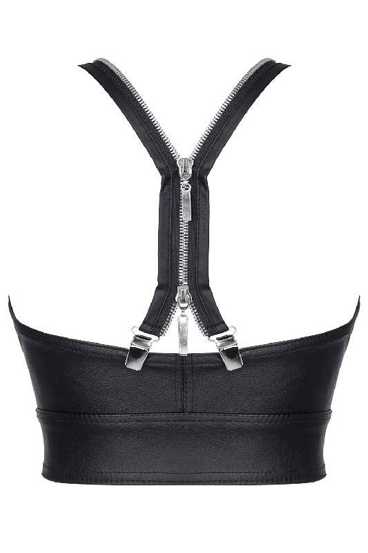 Kunstleder Damen Top schwarz mit Cups und Metallclips