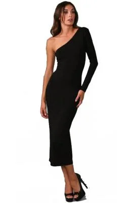 Elegantes One-Shoulder Cocktailkleid asymmetrisch mit einem Ärmel in Schwarz
