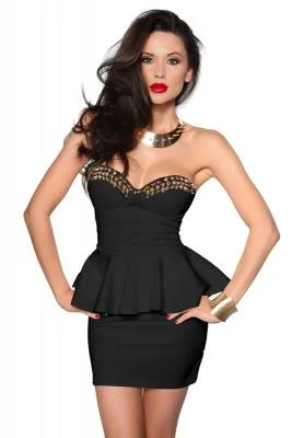 Trägerloses Vintage Bandeau Minikleid in Schwarz mit Spikes am Dekolletee